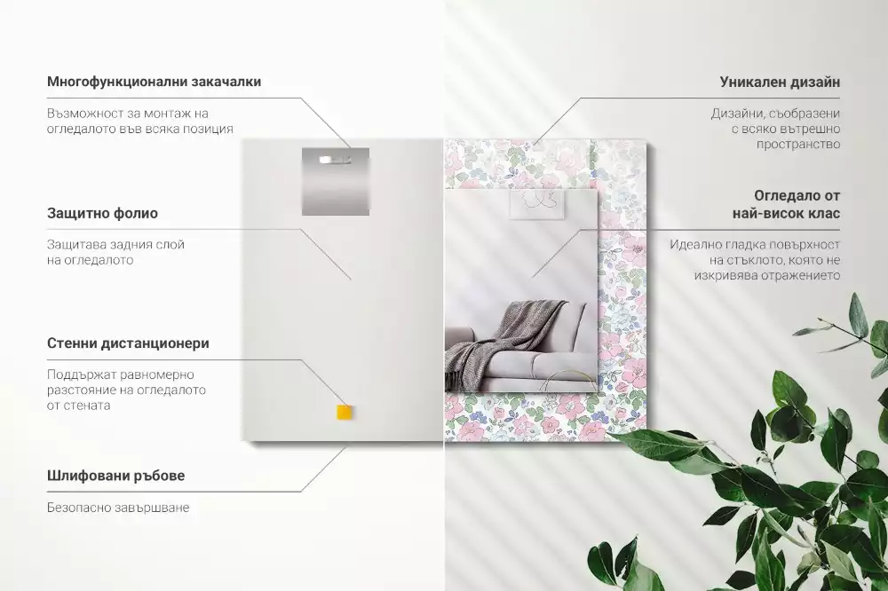 Oglindă dreptunghiulară cu decor floral din țesătură