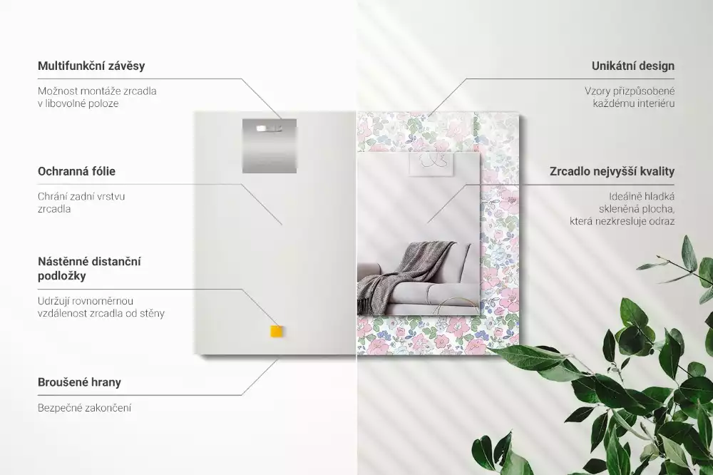 Oglindă dreptunghiulară cu decor floral din țesătură