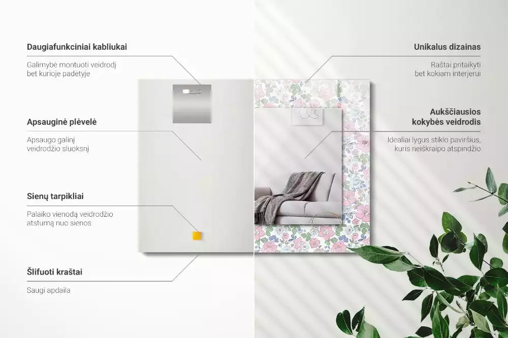Oglindă dreptunghiulară cu decor floral din țesătură