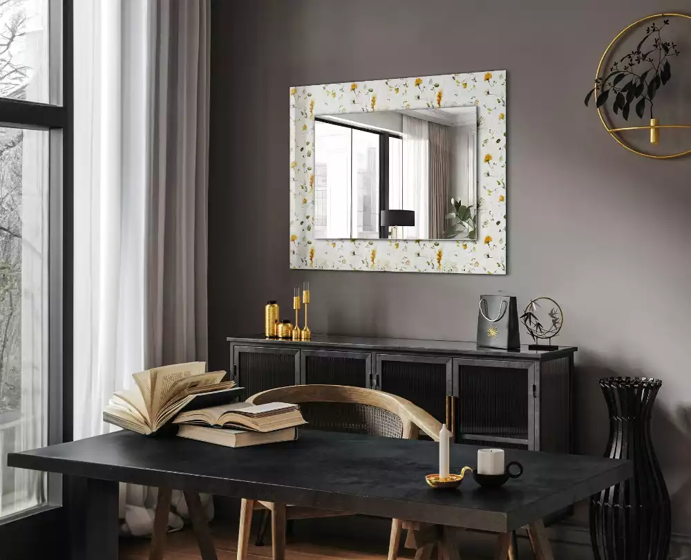 Oglindă dreptunghiulară de perete cu model decorativ floral și frunze