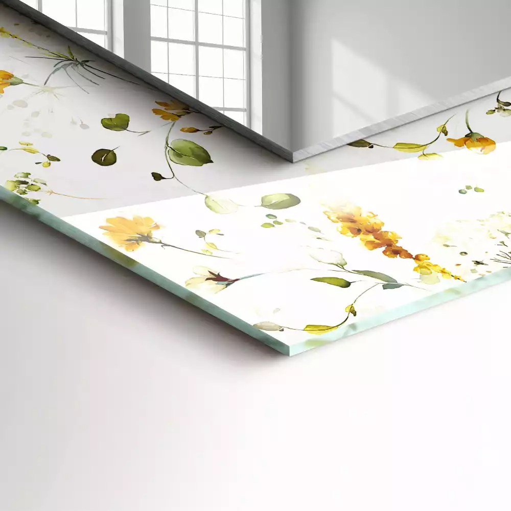 Oglindă dreptunghiulară de perete cu model decorativ floral și frunze