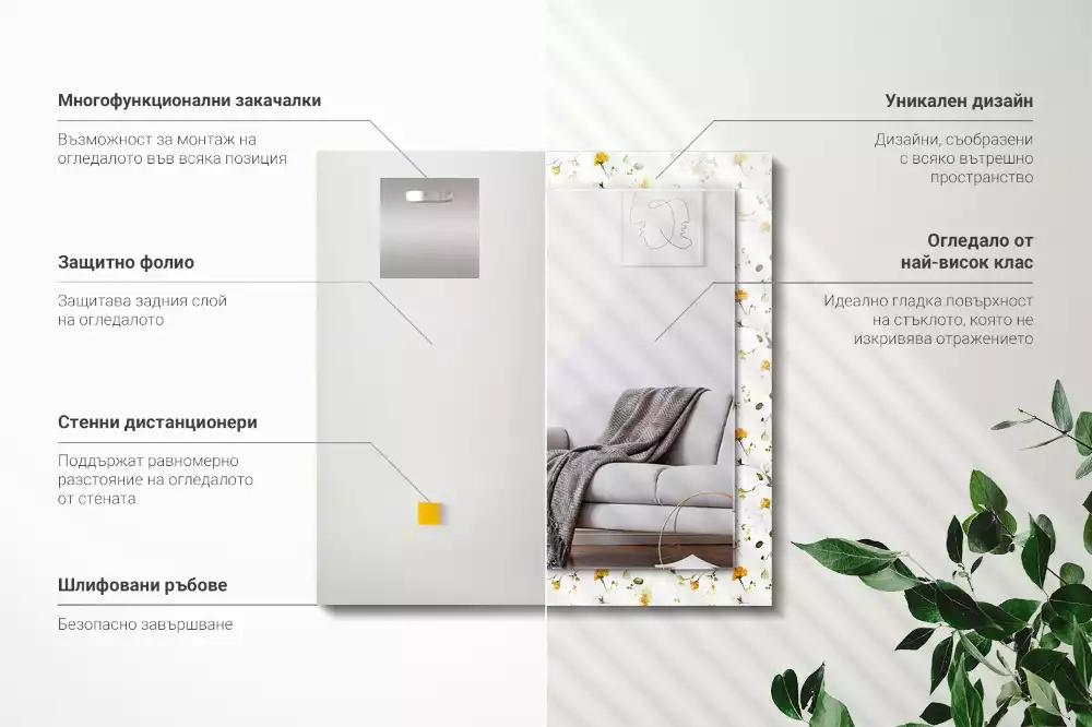 Oglindă dreptunghiulară de perete cu model decorativ floral și frunze