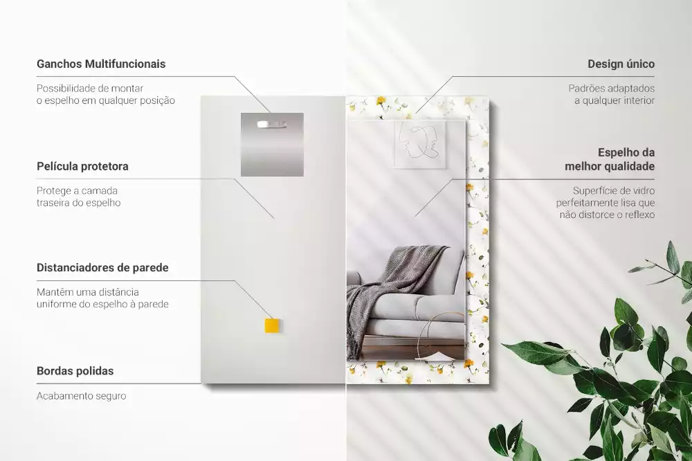 Oglindă dreptunghiulară de perete cu model decorativ floral și frunze