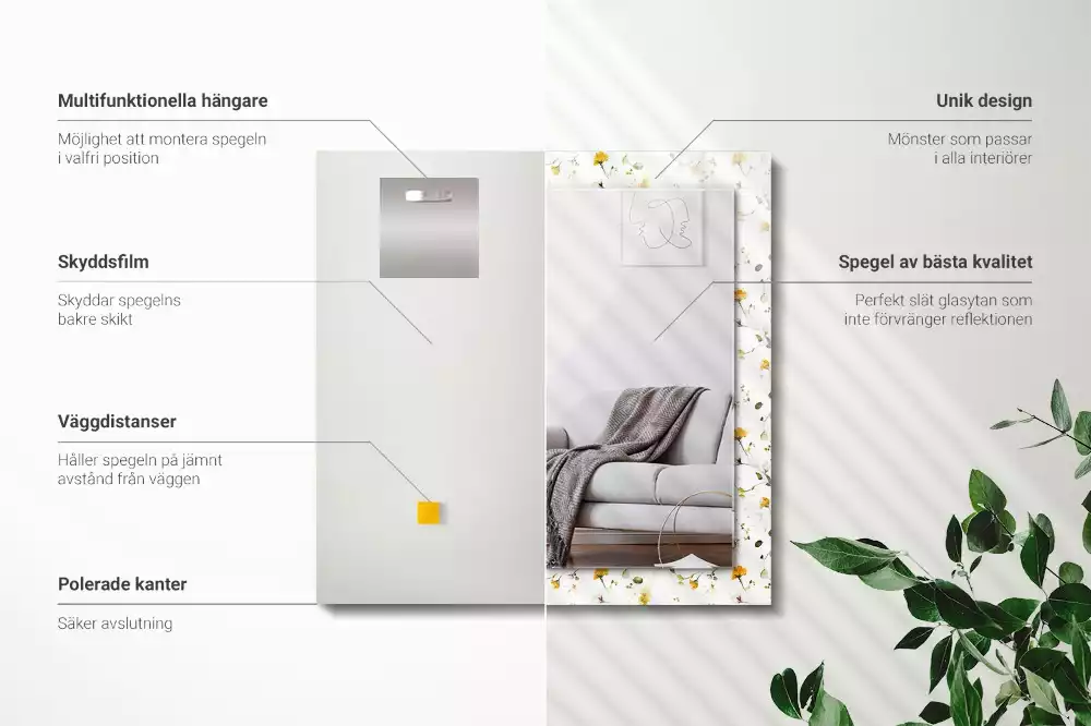 Oglindă dreptunghiulară de perete cu model decorativ floral și frunze