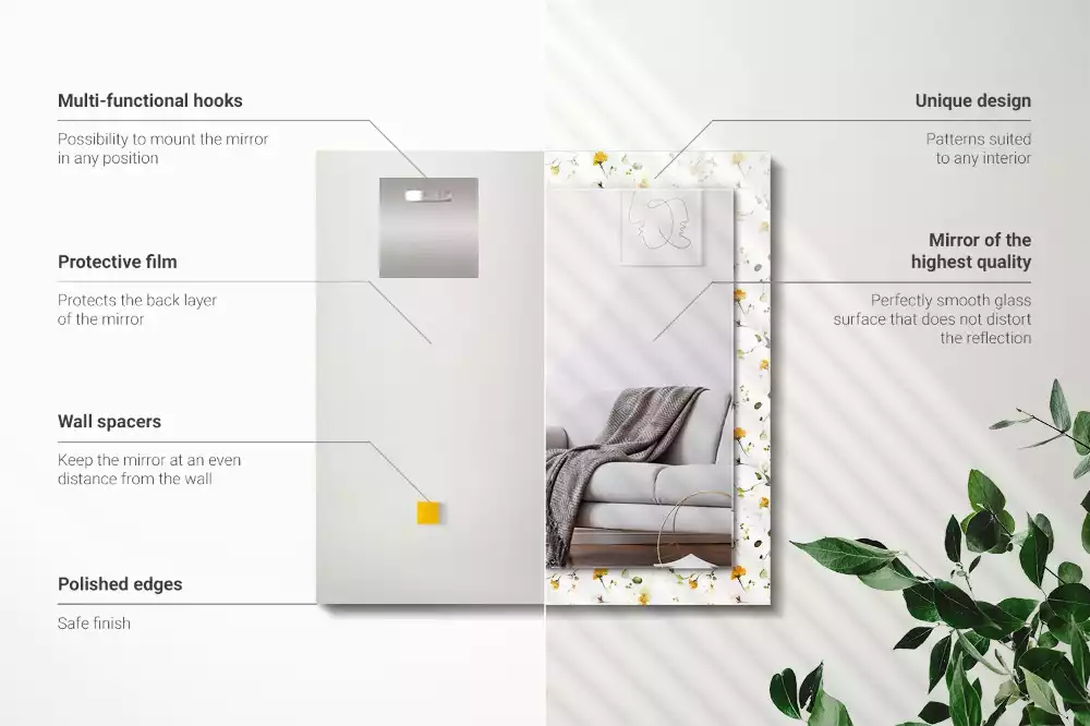 Oglindă dreptunghiulară de perete cu model decorativ floral și frunze