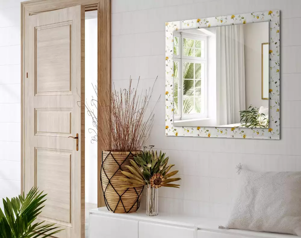 Oglindă dreptunghiulară de perete cu model decorativ floral și frunze