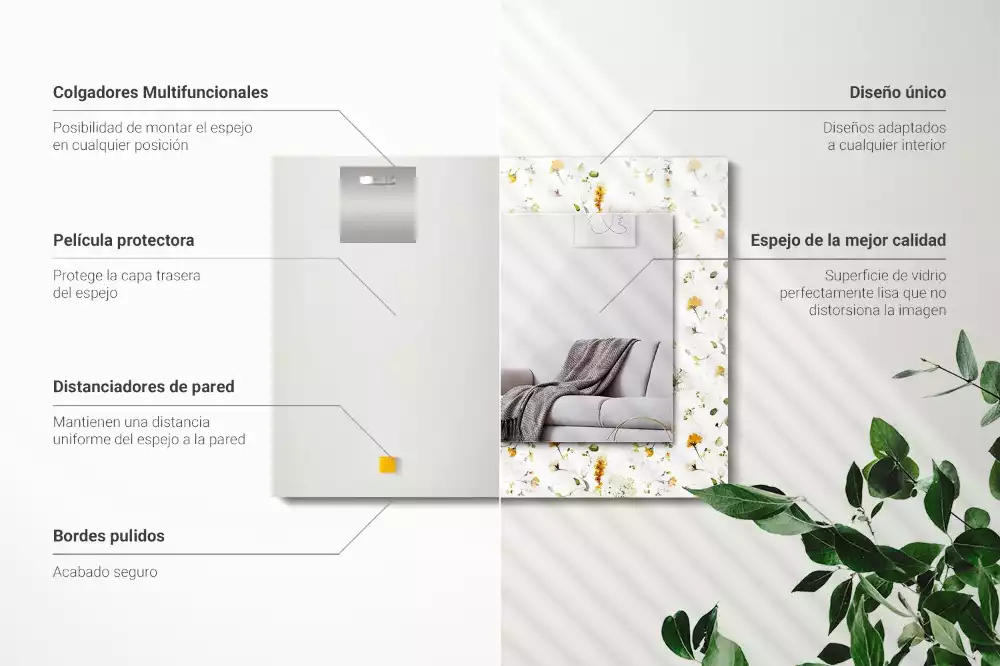 Oglindă dreptunghiulară de perete cu model decorativ floral și frunze