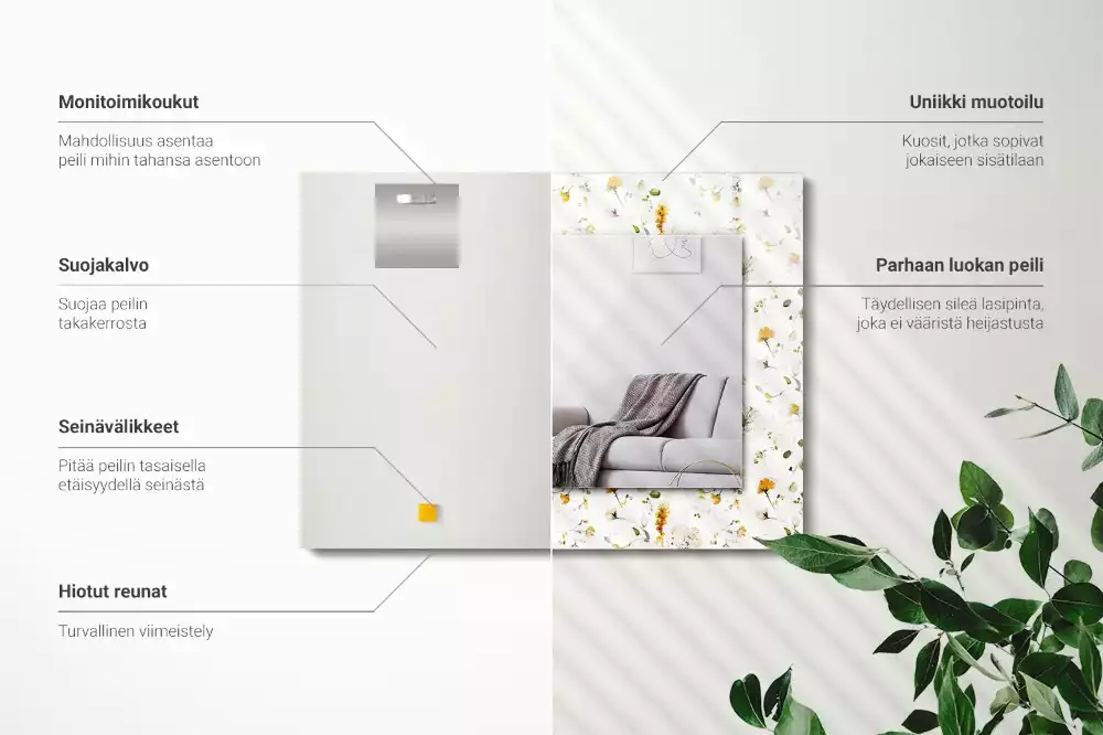Oglindă dreptunghiulară de perete cu model decorativ floral și frunze