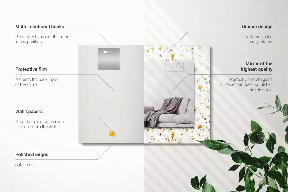 Oglindă dreptunghiulară de perete cu model decorativ floral și frunze