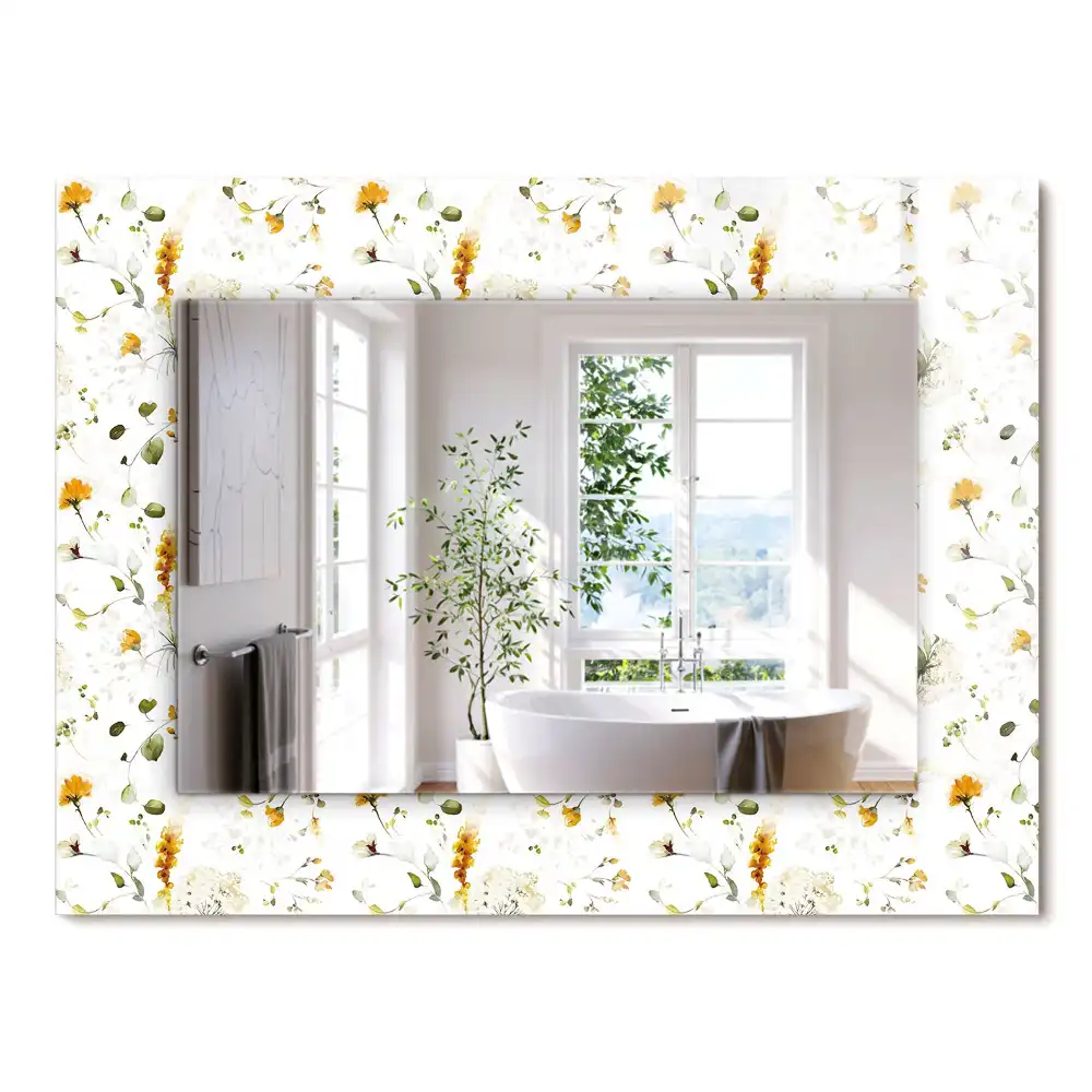 Oglindă dreptunghiulară de perete cu model decorativ floral și frunze