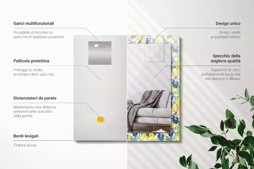 Oglindă dreptunghiulară cu ramă decorată cu flori și frunze