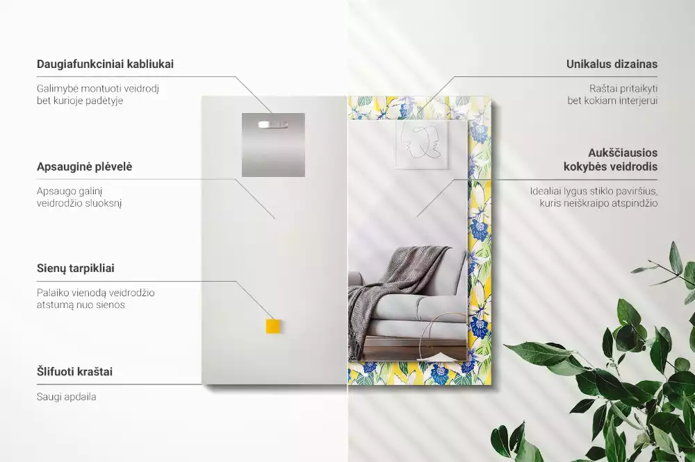 Oglindă dreptunghiulară cu ramă decorată cu flori și frunze