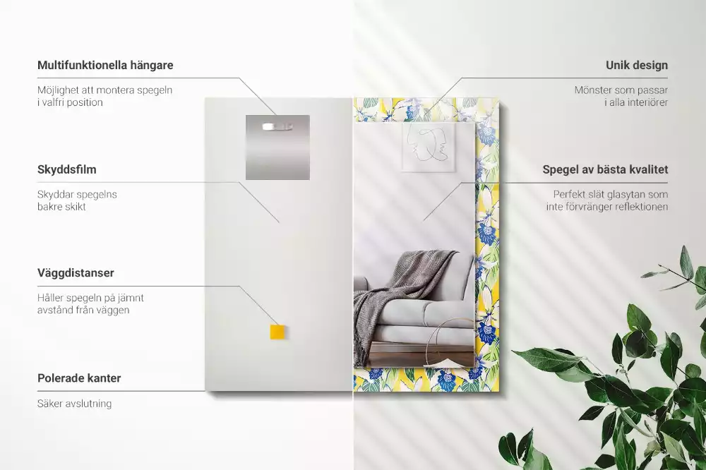 Oglindă dreptunghiulară cu ramă decorată cu flori și frunze
