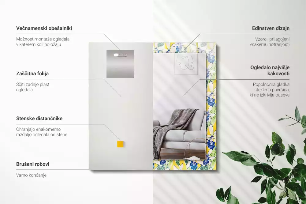 Oglindă dreptunghiulară cu ramă decorată cu flori și frunze