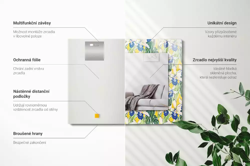 Oglindă dreptunghiulară cu ramă decorată cu flori și frunze