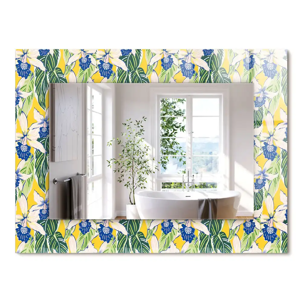 Oglindă dreptunghiulară cu ramă decorată cu flori și frunze