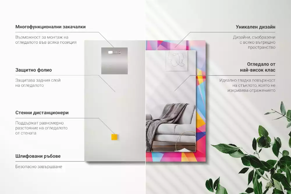 Oglindă dreptunghiulară cu decor geometric colorat