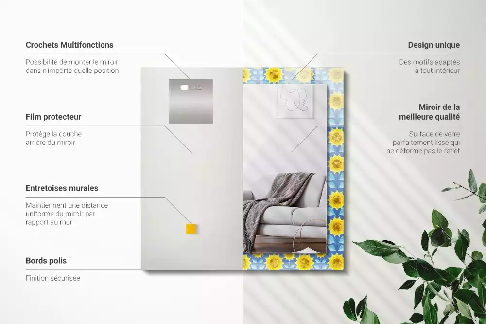 Oglindă dreptunghiulară cu imprimeu model frunze de floarea-soarelui