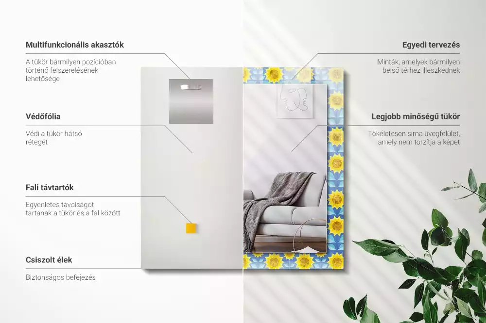 Oglindă dreptunghiulară cu imprimeu model frunze de floarea-soarelui