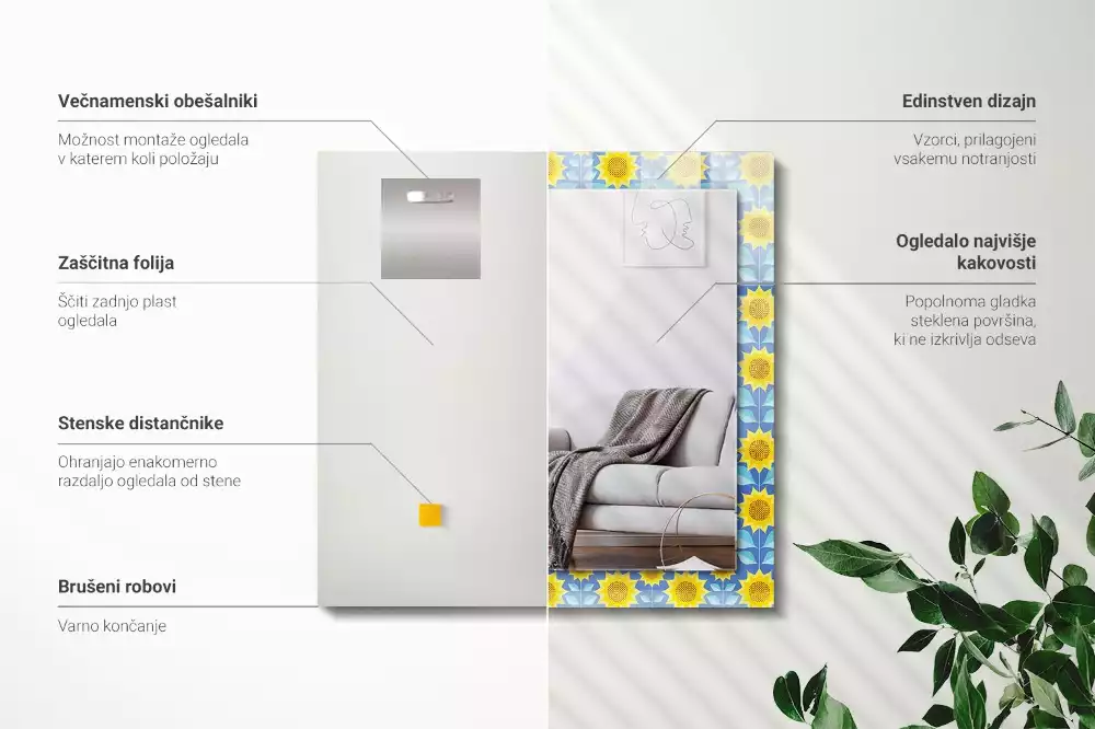 Oglindă dreptunghiulară cu imprimeu model frunze de floarea-soarelui