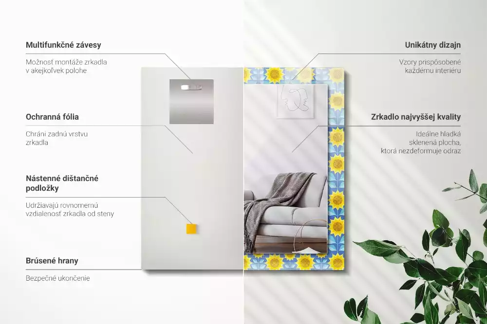 Oglindă dreptunghiulară cu imprimeu model frunze de floarea-soarelui