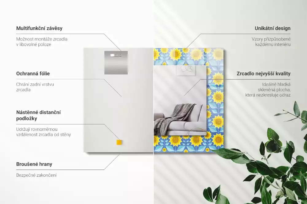 Oglindă dreptunghiulară cu imprimeu model frunze de floarea-soarelui