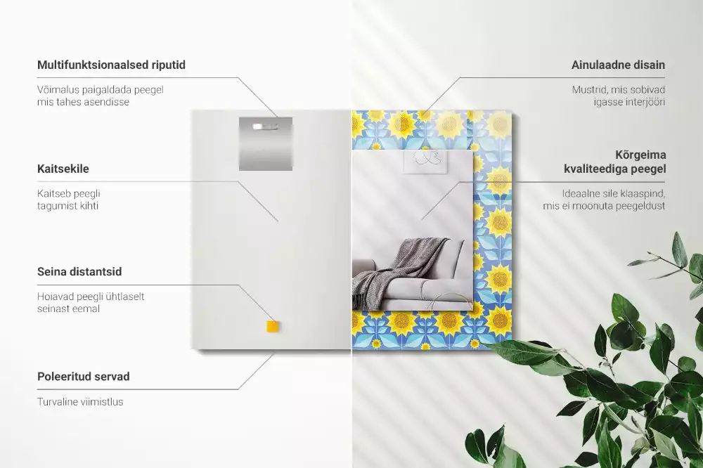 Oglindă dreptunghiulară cu imprimeu model frunze de floarea-soarelui