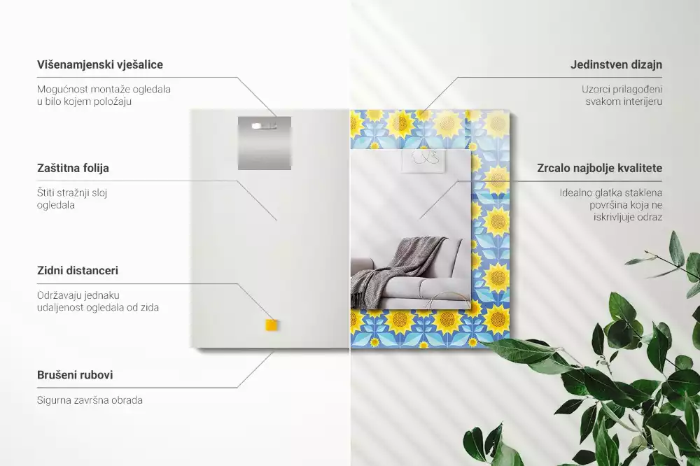 Oglindă dreptunghiulară cu imprimeu model frunze de floarea-soarelui