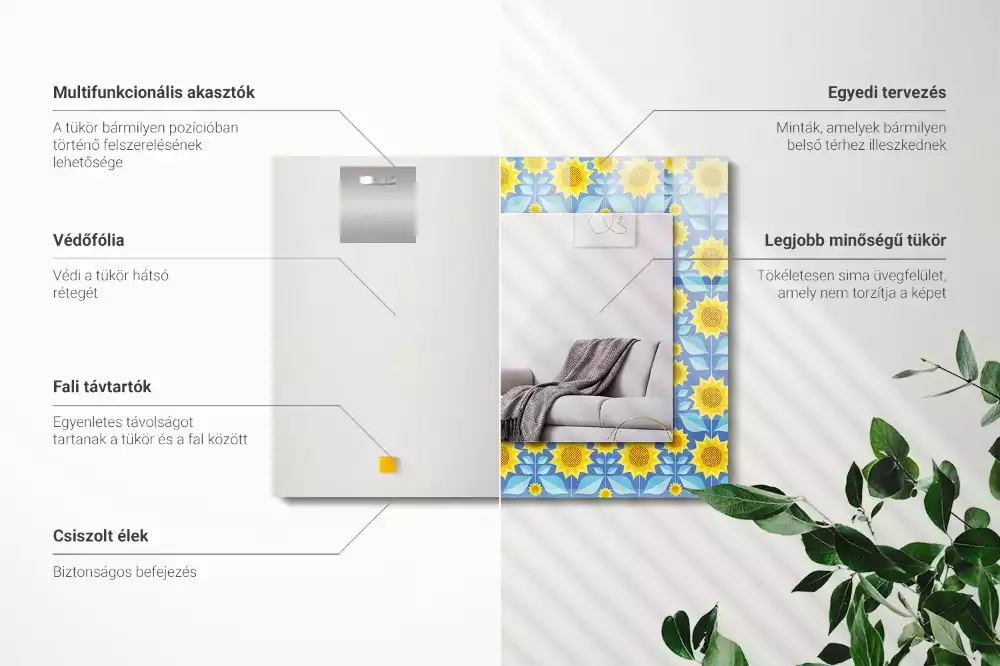 Oglindă dreptunghiulară cu imprimeu model frunze de floarea-soarelui