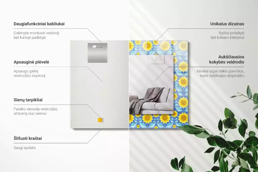 Oglindă dreptunghiulară cu imprimeu model frunze de floarea-soarelui