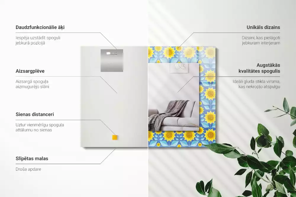 Oglindă dreptunghiulară cu imprimeu model frunze de floarea-soarelui