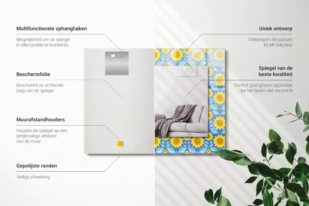 Oglindă dreptunghiulară cu imprimeu model frunze de floarea-soarelui