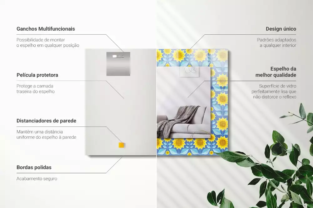 Oglindă dreptunghiulară cu imprimeu model frunze de floarea-soarelui