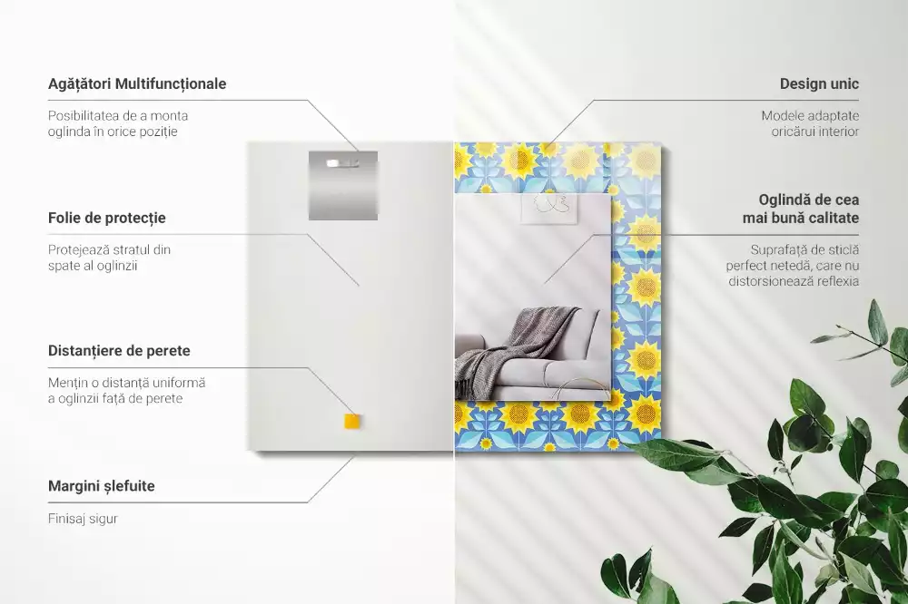 Oglindă dreptunghiulară cu imprimeu model frunze de floarea-soarelui