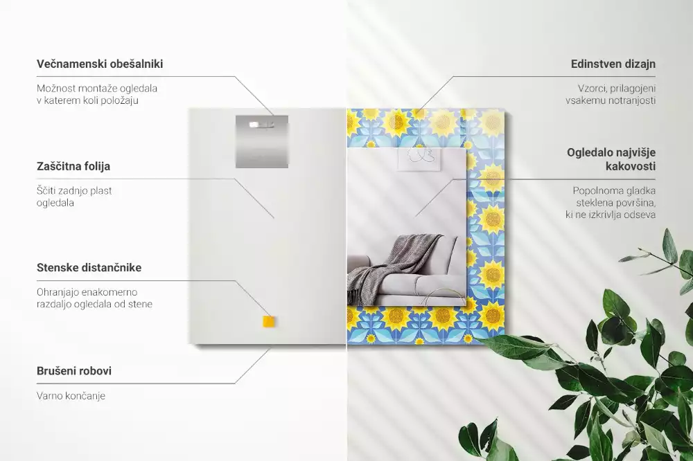 Oglindă dreptunghiulară cu imprimeu model frunze de floarea-soarelui