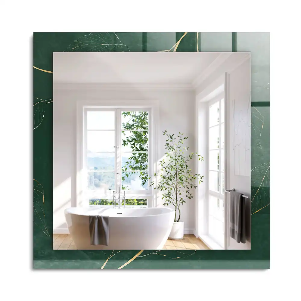 Oglindă dreptunghiulară cu ramă decorată cu frunze verzi și aurii