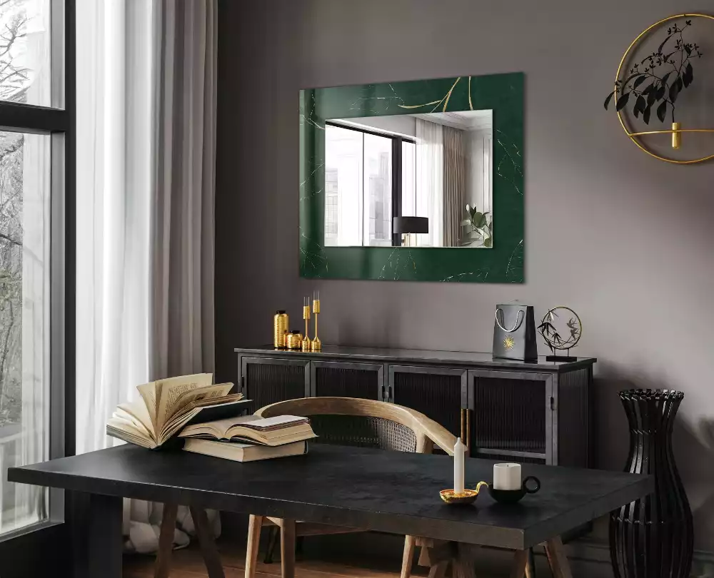 Oglindă dreptunghiulară cu ramă decorată cu frunze verzi și aurii