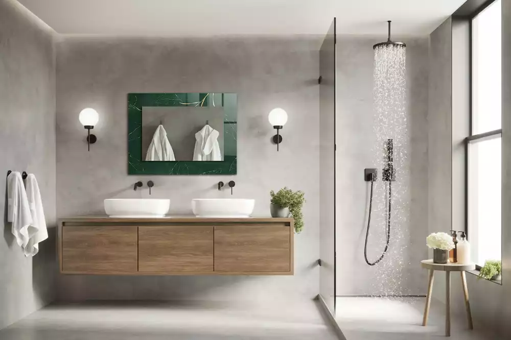 Oglindă dreptunghiulară cu ramă decorată cu frunze verzi și aurii
