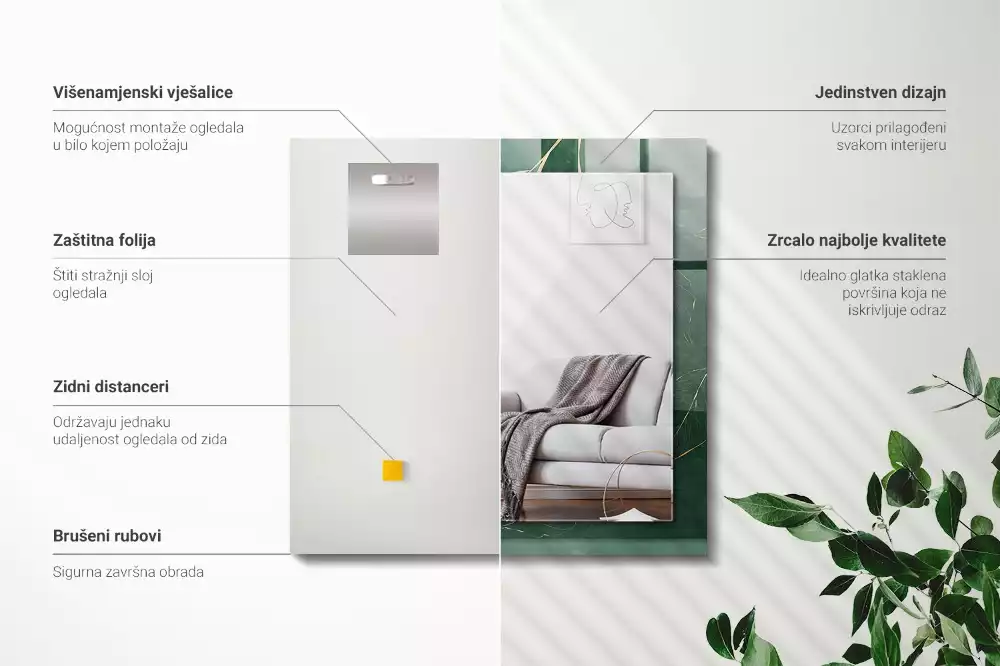 Oglindă dreptunghiulară cu ramă decorată cu frunze verzi și aurii