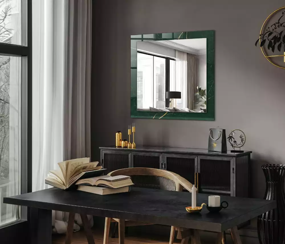 Oglindă dreptunghiulară cu ramă decorată cu frunze verzi și aurii