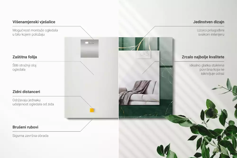 Oglindă dreptunghiulară cu ramă decorată cu frunze verzi și aurii