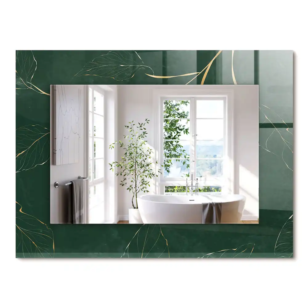 Oglindă dreptunghiulară cu ramă decorată cu frunze verzi și aurii