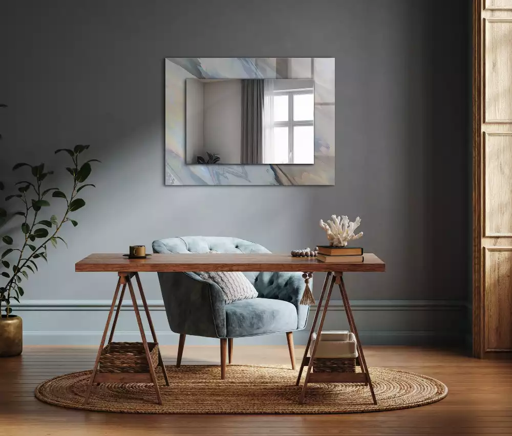Oglindă dreptunghiulară de perete cu model abstract colorat