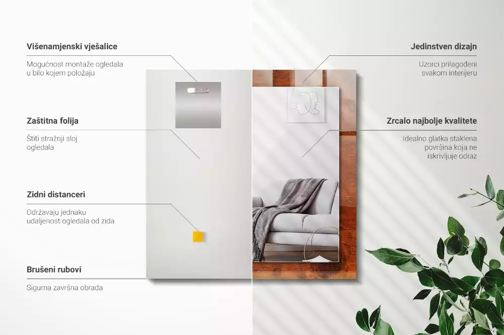 Oglindă dreptunghiulară cu imprimeu masă veche din lemn