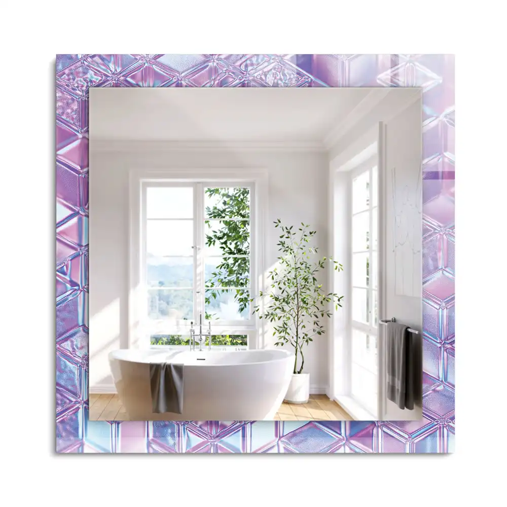 Oglindă dreptunghiulară cu ramă decorată cu imprimeu de cuburi transparente colorate