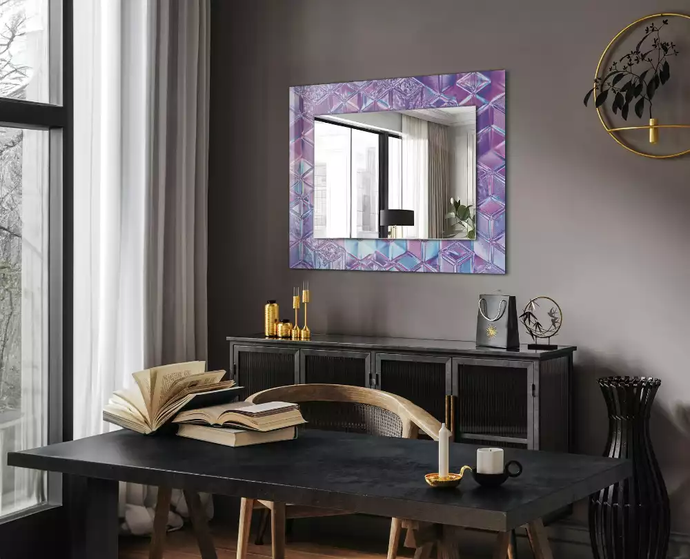 Oglindă dreptunghiulară cu ramă decorată cu imprimeu de cuburi transparente colorate