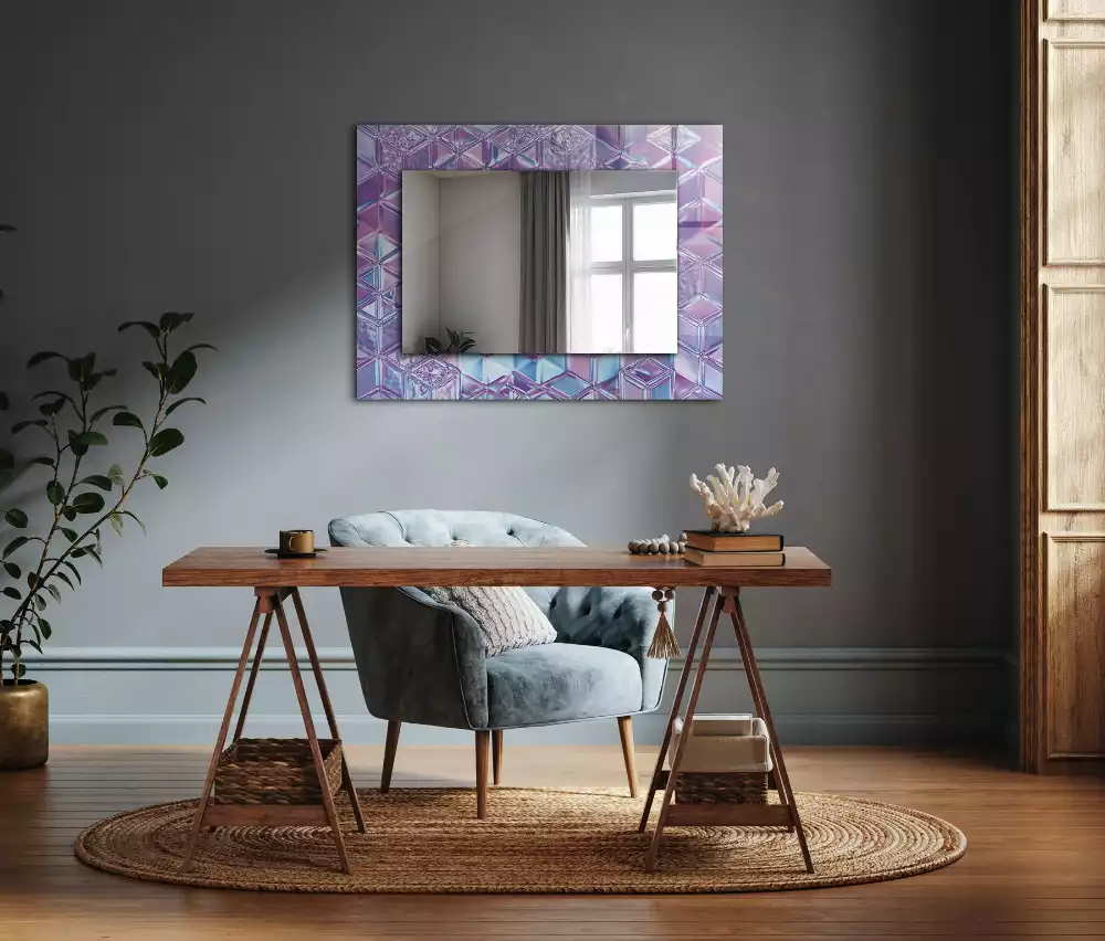 Oglindă dreptunghiulară cu ramă decorată cu imprimeu de cuburi transparente colorate