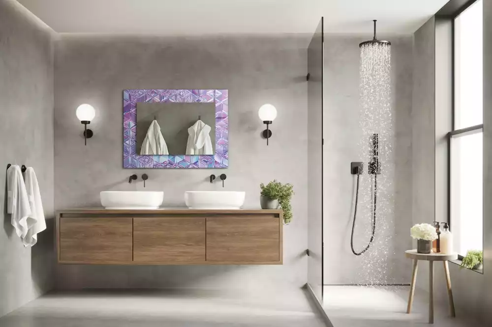 Oglindă dreptunghiulară cu ramă decorată cu imprimeu de cuburi transparente colorate