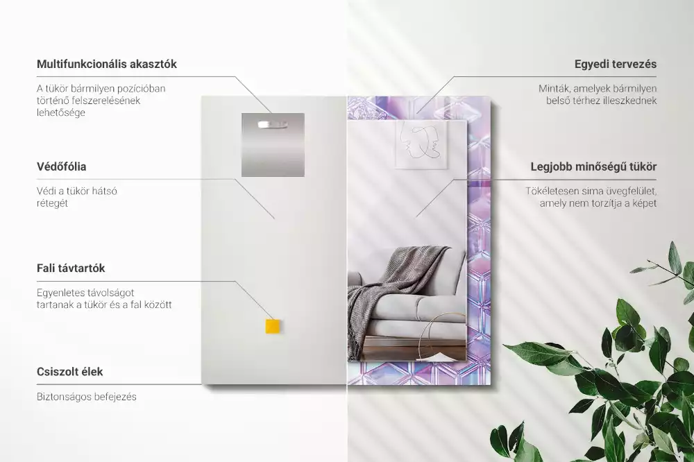 Oglindă dreptunghiulară cu ramă decorată cu imprimeu de cuburi transparente colorate