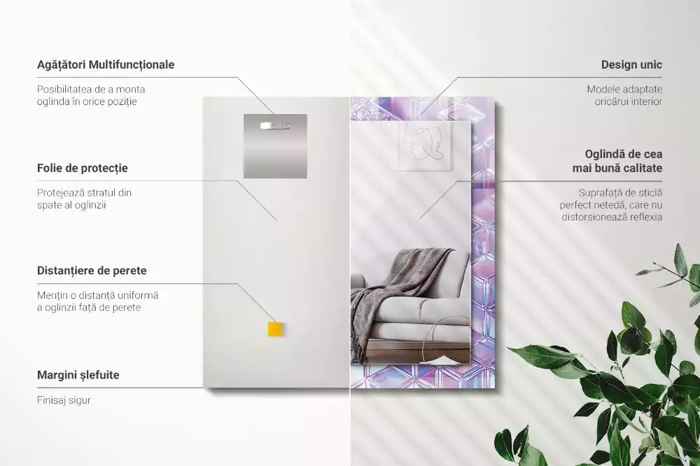 Oglindă dreptunghiulară cu ramă decorată cu imprimeu de cuburi transparente colorate